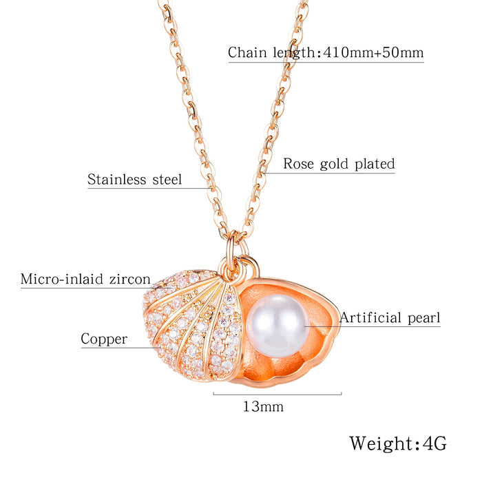 Women Chain Necklace Rose Gold/ Gold Shell Pearl Clavicle Chain Stainless Steel Design  Necklaces Fashion Jewelry