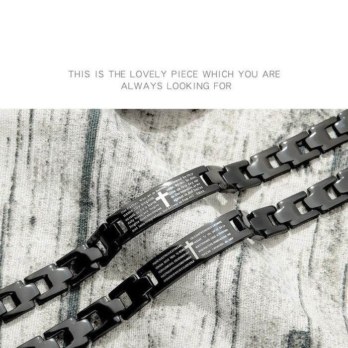 Men's stainless steel bracelet, black gold stainless steel English Bible main prayer cross men's religious wristband bracelet