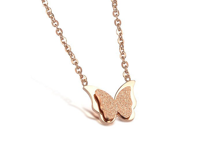 Stainless Steel Dull Polish Butterfly Necklace Rose Gold Color Delicate Women Jewelry