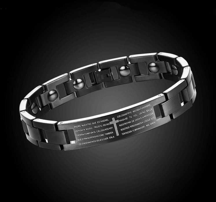 Men's stainless steel bracelet, black gold stainless steel English Bible main prayer cross men's religious wristband bracelet