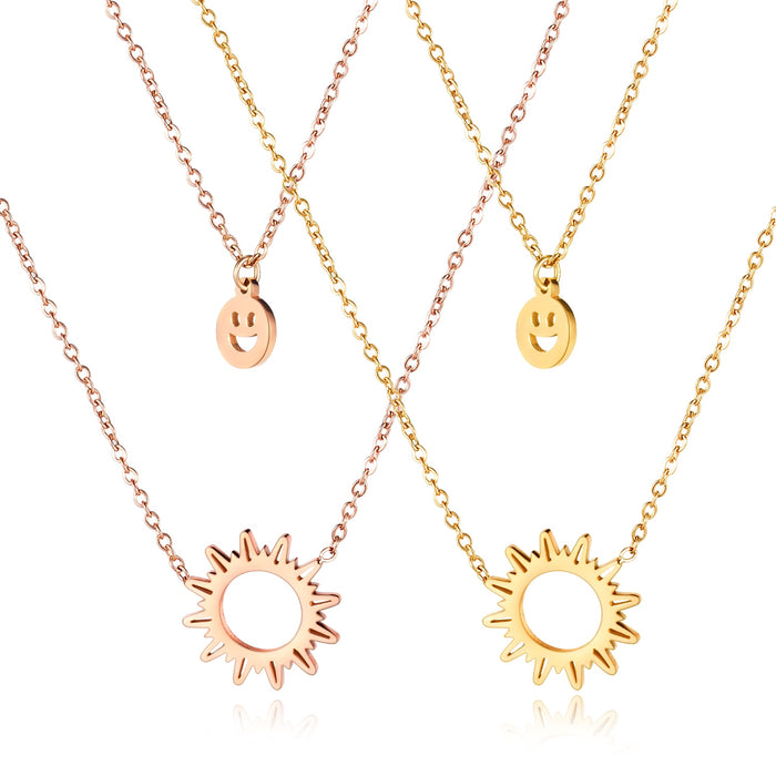 Women Double Layer Necklace Sun Smile  Tredy Chain Link Stainless Steel Rose Gold Korea Style Jewelry