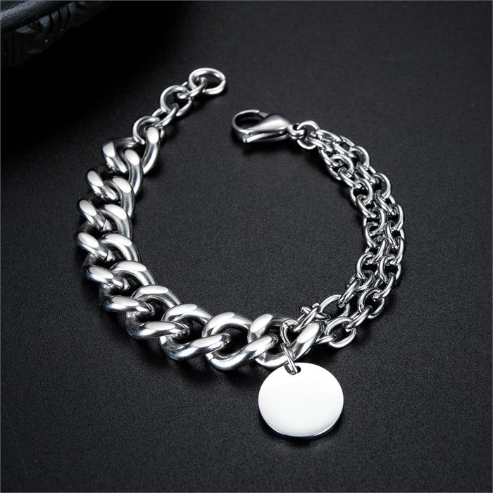 Men Bracelets Round Tag Customize Link Stainless Steel Metal Clasp Charm Male Free Engrave Chain