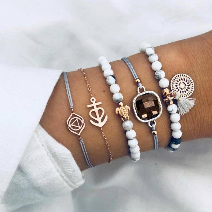 Bohemian Bracelet Set For Women Geometric Shell Star Map Heart Natural Stone Beads Chain Pendant Bracelet Boho Jewelry 2020