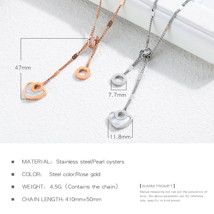 Korean Rose Gold Necklace Titanium Steel Necklace Female Heart-Shaped White Shell Roman Circle Crystal Clavicle Chain