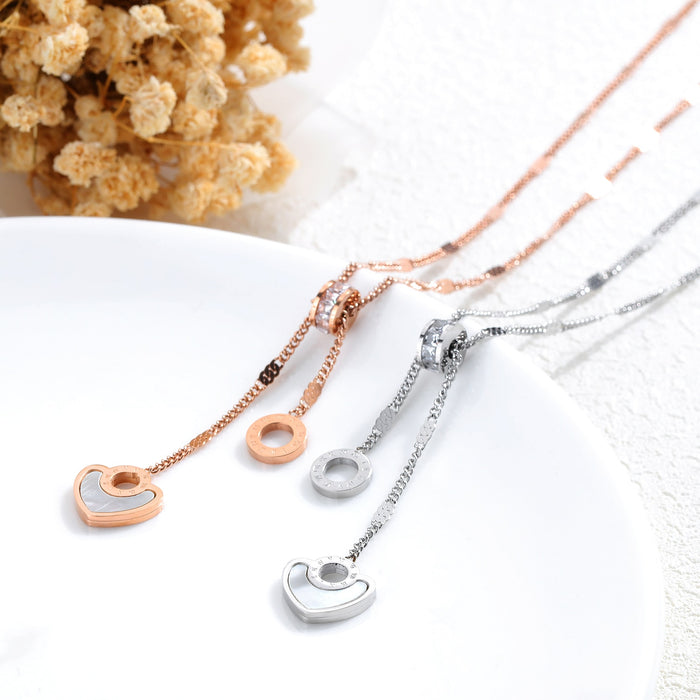 Korean Rose Gold Necklace Titanium Steel Necklace Female Heart-Shaped White Shell Roman Circle Crystal Clavicle Chain