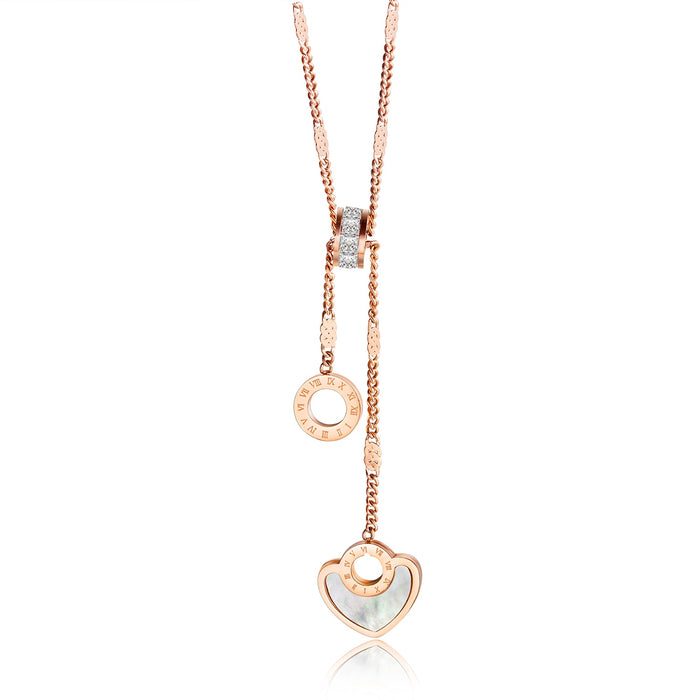 Korean Rose Gold Necklace Titanium Steel Necklace Female Heart-Shaped White Shell Roman Circle Crystal Clavicle Chain