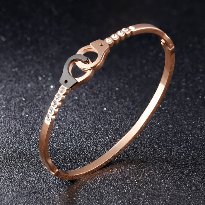 Handcuffs Open Bangles For Women Rose Gold Color Pave Cubic Zirconia Lock Design Birthday Party Office Gift