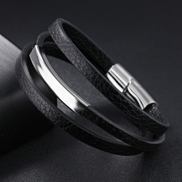 Casual There Layer Genuine Leather Man Bracelets Simple Design With Magnet Buckle Men Handmade Wrap Jewelry Gift