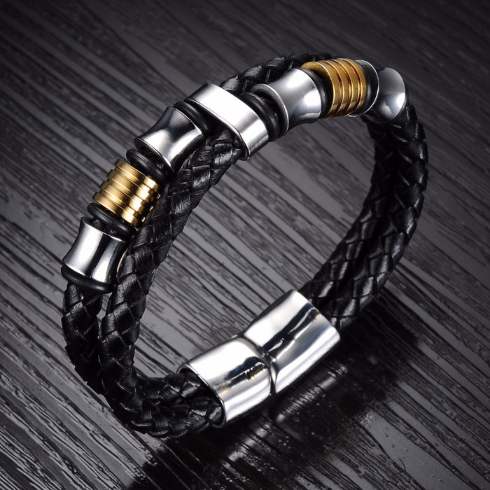 Classical Double Layer Handmade Leather Weaved Man Bracelets Fashion New Magnet Clasp Steel Wristband Jewelry 205mm