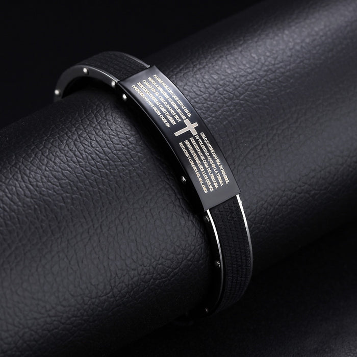 Cross & Bible Pattern Open Men Bangle Cowhide Leather Inner Stainless Steel Rivets Outside Man Jewelry Bracelet