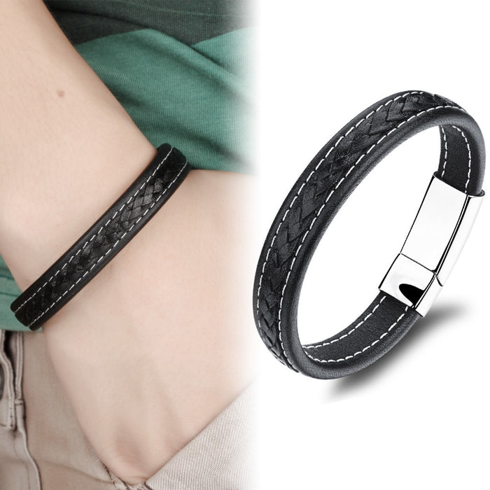 Genuine Leather Watchband Man Bracelets Punk Style Stainless Steel Men Jewelry Rope Chain 20.5cm Accessories