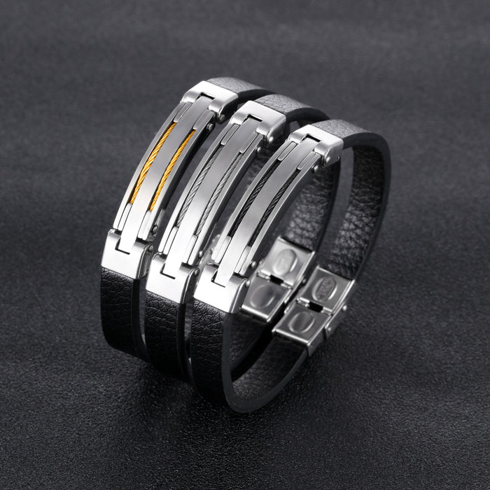 Mens Vintage Leather Wrist Band Black Rope Bracelet Bangle Double Wire Brother ID Bracelet Engraved Female Jewelry