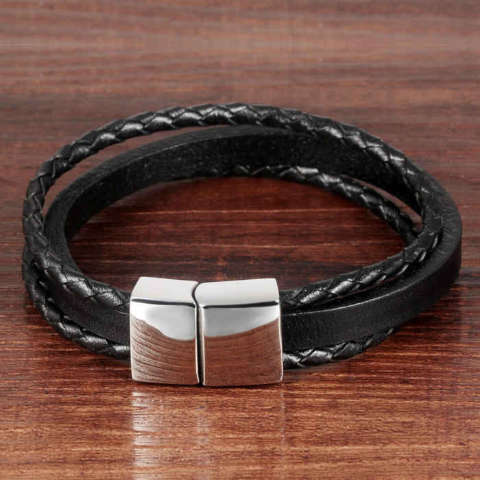Three-Layers Handmade Man Wrap Bracelets Punk Style Stainless Steel Clasp Cool Men Jewelry 21cm Long