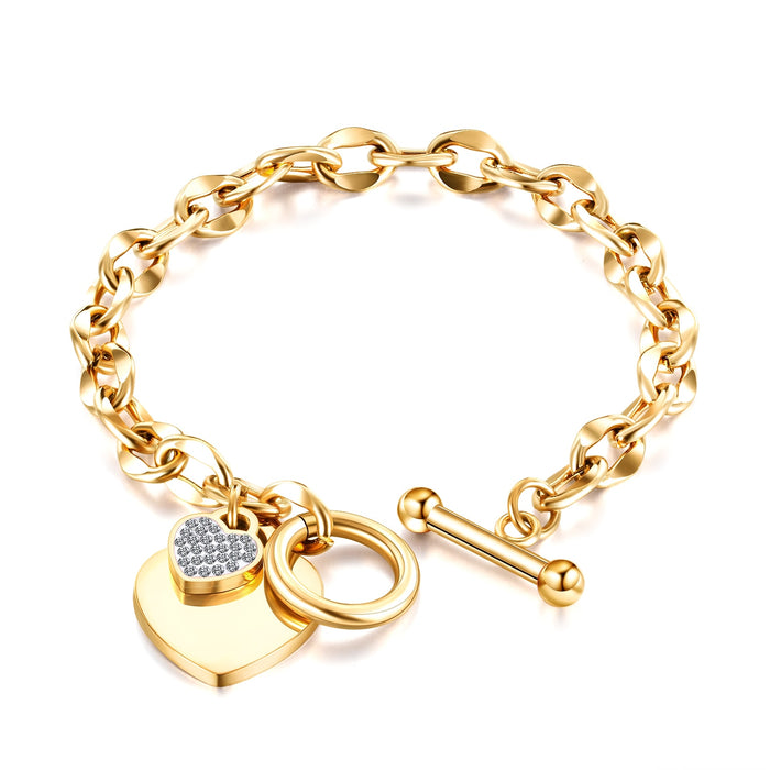 Women Bracelet Link Rose Gold Tone Crystal Love Heart Tag Engrave Toggle Clasp Designer Charm Stainless Chain Bangle