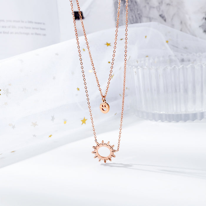 Women Double Layer Necklace Sun Smile  Tredy Chain Link Stainless Steel Rose Gold Korea Style Jewelry