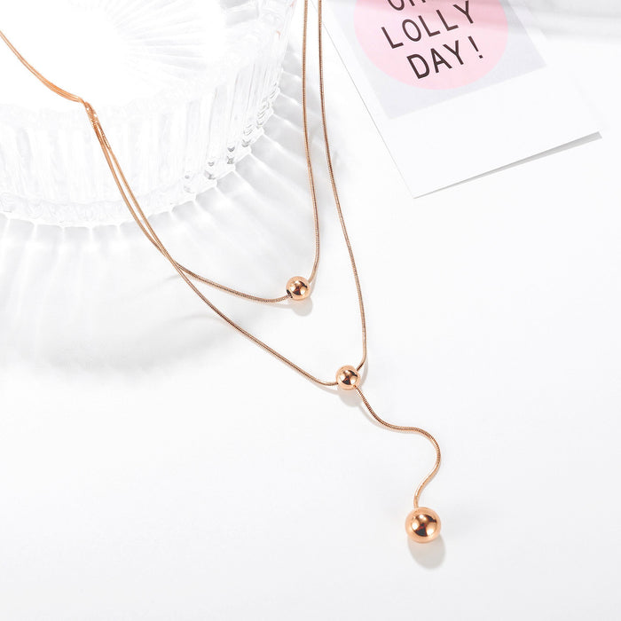 Womens Necklaces Dangle Bead Double Levels  Sweater Link Chains Rose Gold Stainless Steel  Pendant Jewelry