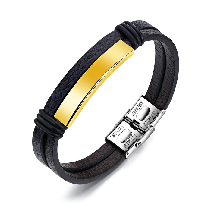 Black Stainless Steel Men's Leather Bracelet Double Layer Bracelet