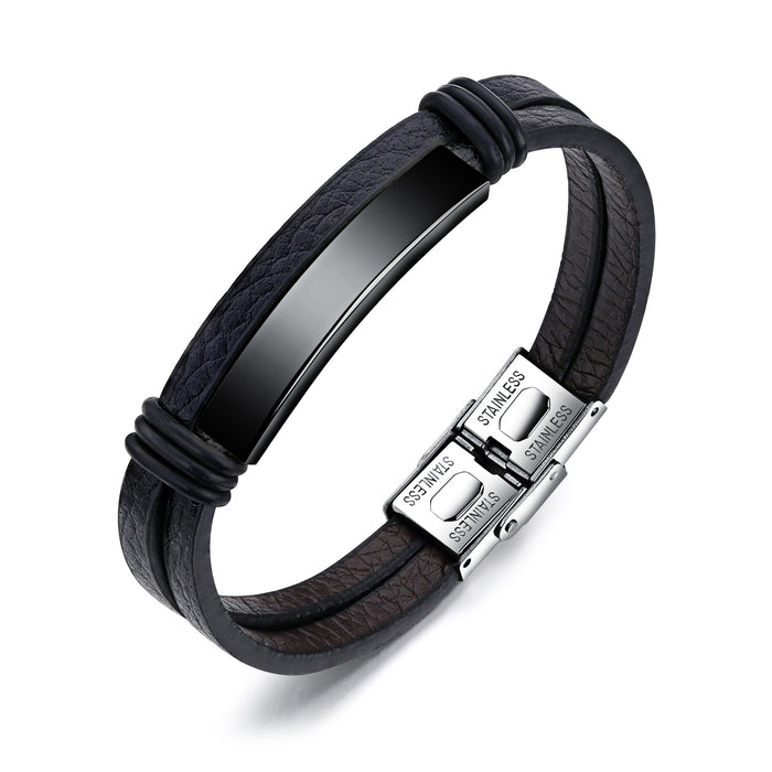 Black Stainless Steel Men's Leather Bracelet Double Layer Bracelet