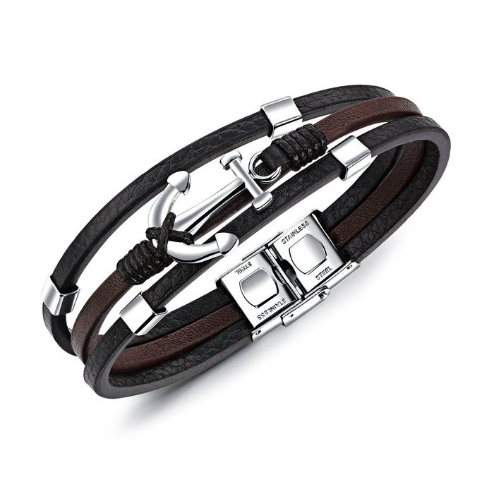 Fashion Anchor Multilayer Titanium Steel Leather Bracelet Vintage Men's Bracelet Leather Bracelet