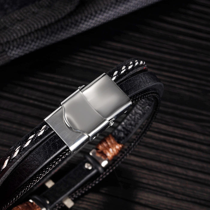Stainless Steel Cross Woven Leather Bracelet