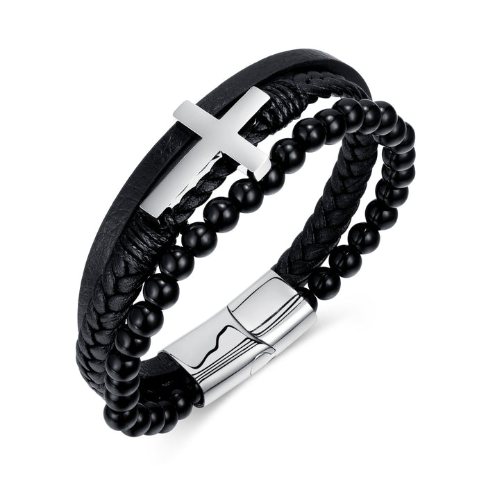 Titanium Steel Cross Magnetic Buckle Personality Handmade Multi-layer Woven Men's Leather Bracelet