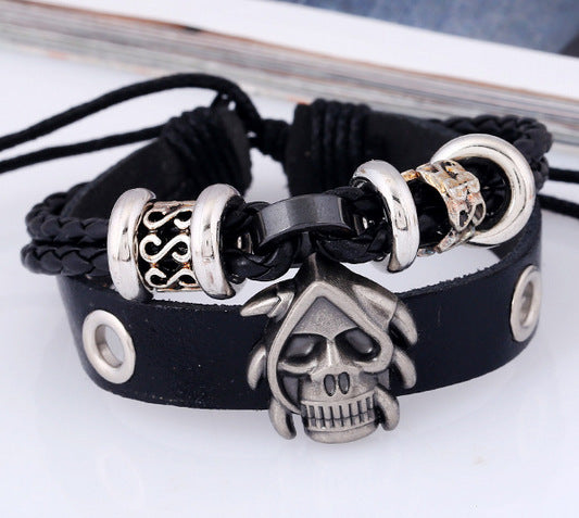 Beaded Cowhide Bracelet Punk Bracelet Braided Skull Bracelet