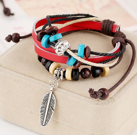 Beaded Cowhide Bracelet Personality Temperament With Feather Pendant Bracelet