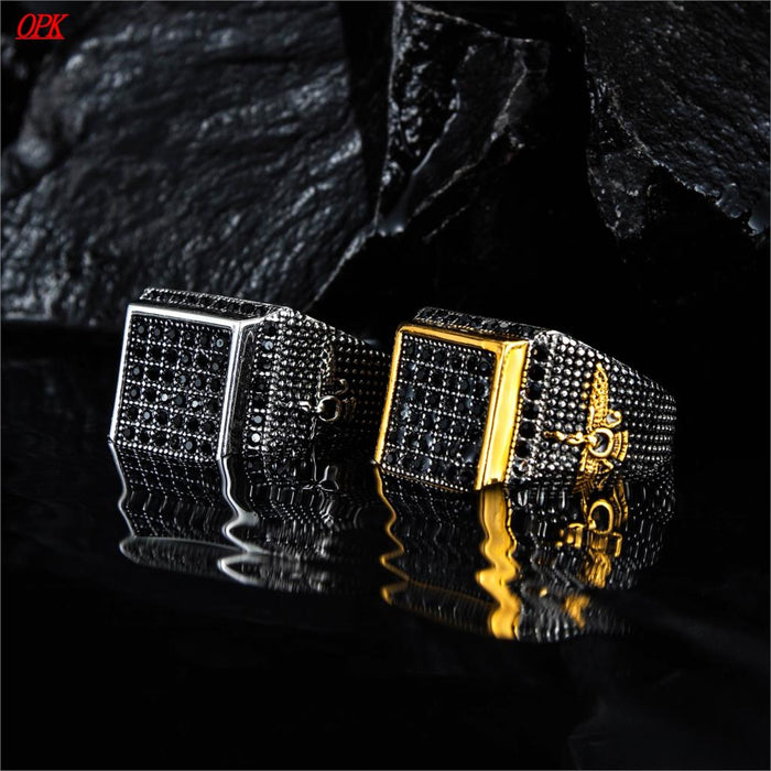 Turkey Men Rings Black Gold Full CZ Diamond Eagle Squart Design Rings Luxury Titanium Steel Vintage Punk Party Cool