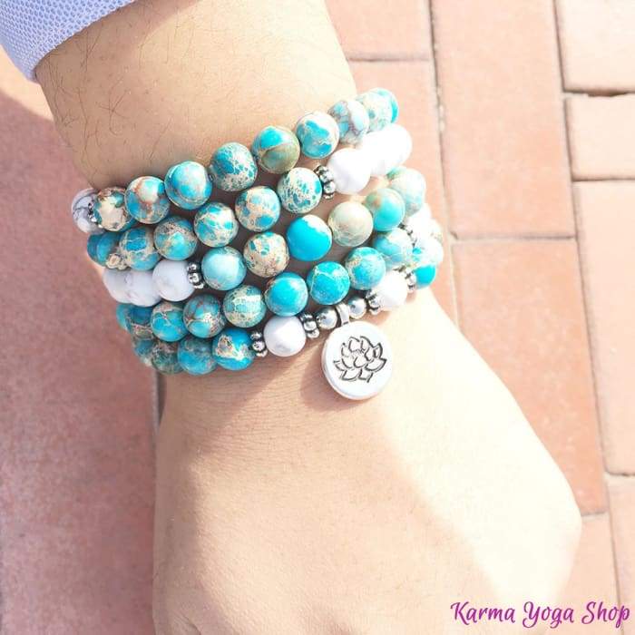 Mala bracelet "Lotus" with 108 beads in Ocean Jasper and Howlite
