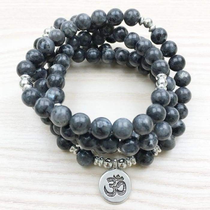 "Om" Mala Bracelet with 108 Natural Gray Labradorite Beads