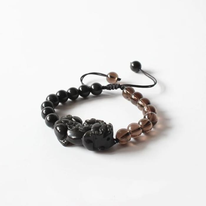 Pi Xiu "Protection & Fortune" Bracelet in Obsidian and Smoky Quartz