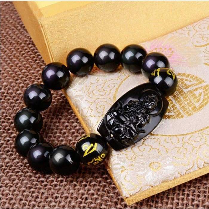 Hand Carved Black Obsidian Buddha Luck Bracelet