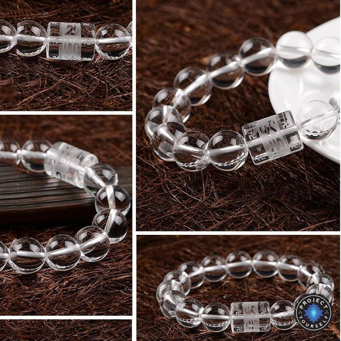 Natural Clear Crystal Beads 6 Syllable Mantra Bracelet
