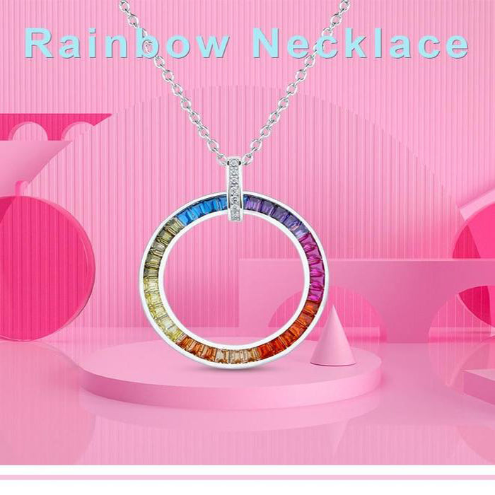 Hollow Circle Rainbow Crystal Pendant Necklace-  925 Sterling Silver Chain