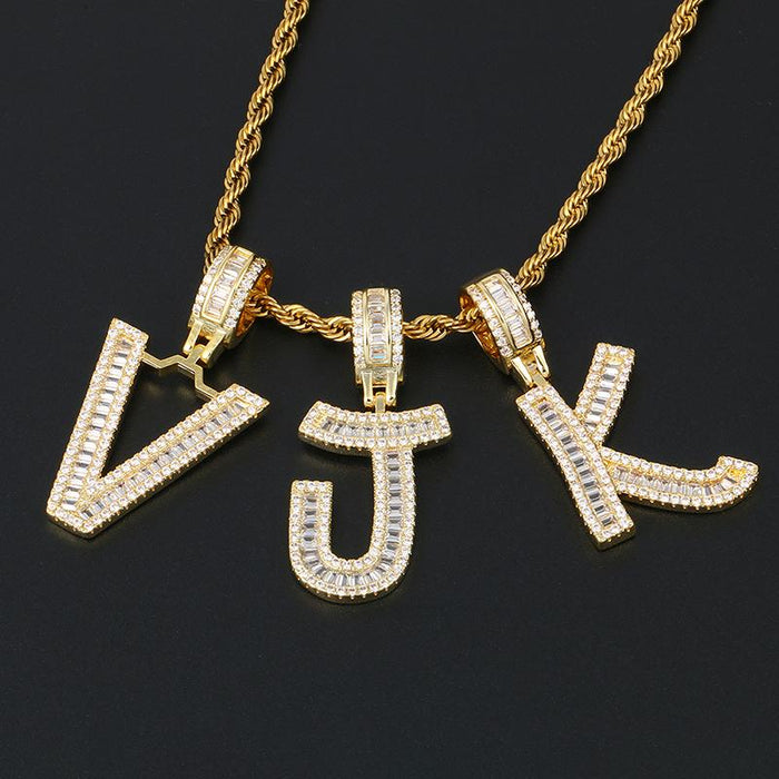 Initials Pendant Necklace- Gold Iced Out Baguette Letters