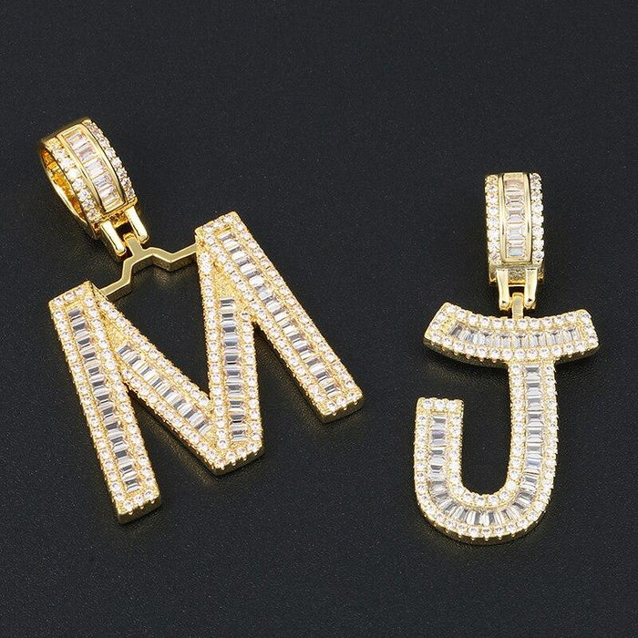 Initials Pendant Necklace- Gold Iced Out Baguette Letters
