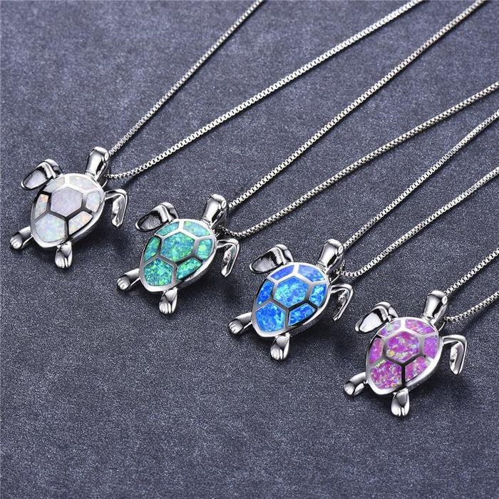 925 Sterling Silver Opal Turtles Pendant Necklace